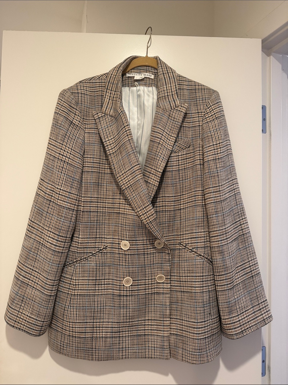 Veronica Beard Tan and Black Plaid Double-Breasted Blazer (Size 12)